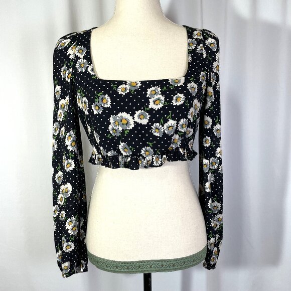 Zara Crop Top Size Small Black Daisy Polka Dots Long Sleeves Boho Floral - Picture 1 of 10